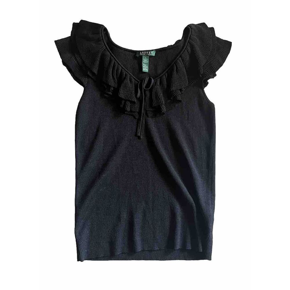 Lauren Ralph Lauren Silk Top Size L Ruffle Trim Scoop Neck Sleeveless Black